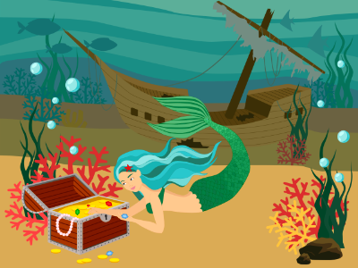 Mermaid wrecked ship underwater treasure. Free illustration for personal and commercial use.