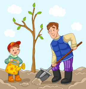 Dad and son planting a tree. Free illustration for personal and commercial use.