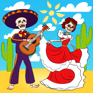 Dia de los muertos with sugar skull playing guitar and sugar skull woman dancing. Free illustration for personal and commercial use.