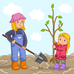 Mom and daughter planting a tree. Free illustration for personal and commercial use.