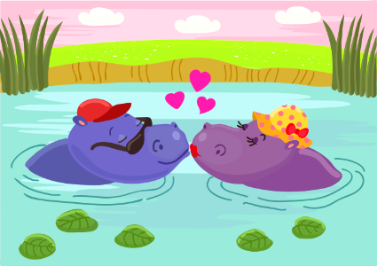 Hippos in love. Free illustration for personal and commercial use.