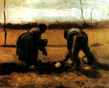 GOGH, Vincent van Peasant and Peasant Woman Planting Potatoes April 1885. Free illustration for personal and commercial use.