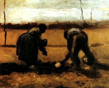 GOGH, Vincent van Peasant and Peasant Woman Planting Potatoes April 1885