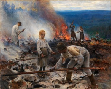 Eero Järnefelt (1863-1937): Under the Yoke (Burning the Brushwood) / Raatajat rahanalaiset / Kaski / Trälar under penningen / Sved. Free illustration for personal and commercial use.