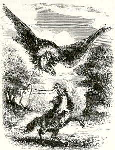 Fighting an Enormous Bird. Free illustration for personal and commercial use.