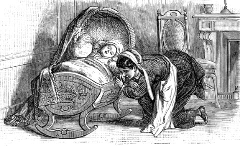 Maid Kneeling by a Cradle. Free illustration for personal and commercial use.