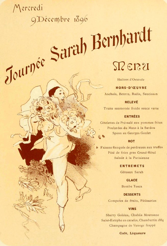 Menu for Sarah Bernhardt’s Day