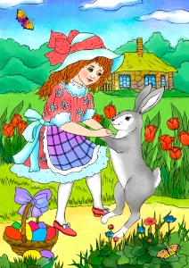 A girl in a victorian dress is dancing with a rabbit retro easter card. Free illustration for personal and commercial use.
