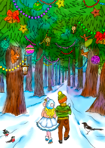 Boy and Girl Walking in Magic Christmas Forest. Free illustration for personal and commercial use.