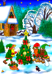 Gnomes are Decorating Christmas Tree. Free illustration for personal and commercial use.