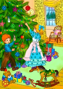 Little Brother and Sister Decorating Christmas Tree. Free illustration for personal and commercial use.