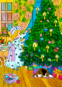 Little Girl Decorating Christmas Tree. Free illustration for personal and commercial use.