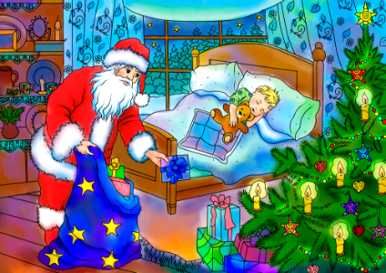 Santa Claus is Delivering Presents Under Christmas tree. Free illustration for personal and commercial use.
