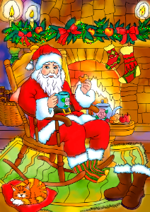 Santa Claus Soaking up in Front of Fireplace. Free illustration for personal and commercial use.