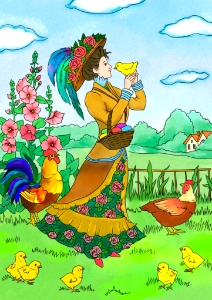 Victorian Lady and a chicken in the countryside vintage easter card. Free illustration for personal and commercial use.