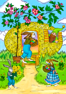 Easter bunnies are visiting gnome's house card. Free illustration for personal and commercial use.