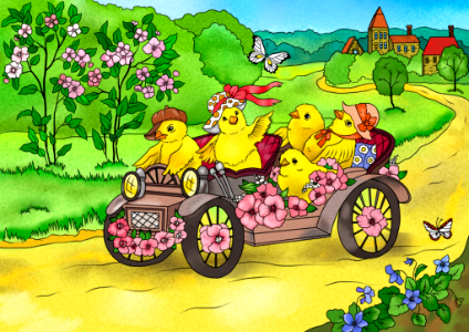 Easter chickens in the retro car are leaving the village card. Free illustration for personal and commercial use.