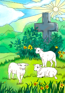Easter lambs and Jesus's cross card. Free illustration for personal and commercial use.
