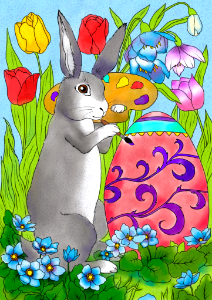 Easter rabbit is decorating an egg card. Free illustration for personal and commercial use.