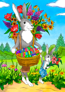 Rabbit father with his rabbit son are carrying festive basket full of easter eggs card. Free illustration for personal and commercial use.