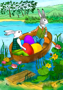 Rabbit in a boat with easter eggs card. Free illustration for personal and commercial use.