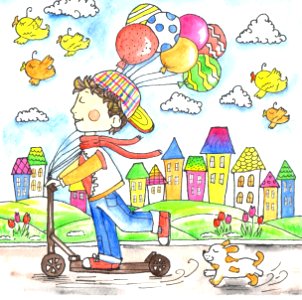 Boy on scooter with air balloons. Free illustration for personal and commercial use.