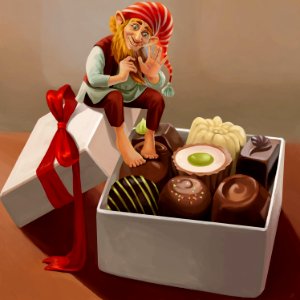 Gnome and chocolate candies. Free illustration for personal and commercial use.