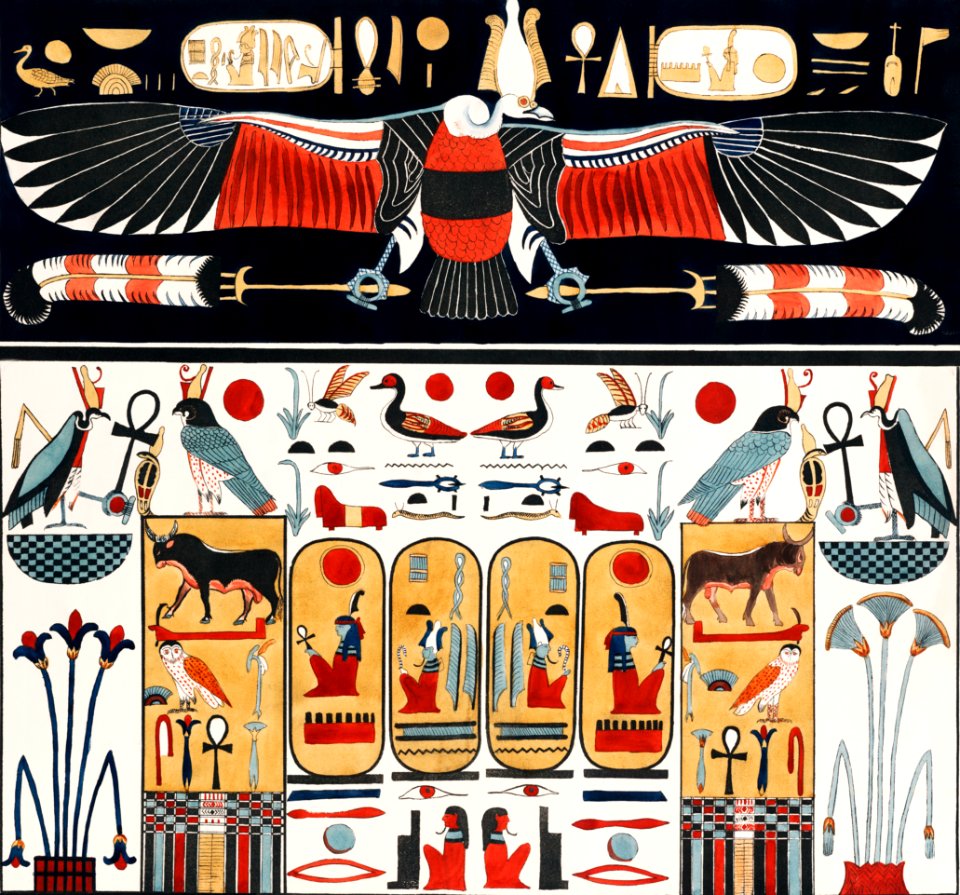 Upper part represents the Eagle illustration from the kings tombs in Thebes by Giovanni Battista Belzoni (1778-1823) from Plates illustrative of the researches and operations in Egypt and Nubia (1820).