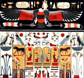 Upper part represents the Eagle illustration from the kings tombs in Thebes by Giovanni Battista Belzoni (1778-1823) from Plates illustrative of the researches and operations in Egypt and Nubia (1820).