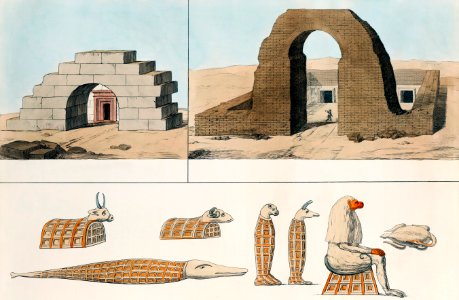 Egyptian Arches, Existing in Thebes, and several animal Mummies illustration from the kings tombs in Thebes by Giovanni Battista Belzoni (1778-1823) from Plates illustrative of the researches and operations in Egypt and Nubia (1820).. Free illustration for personal and commercial use.