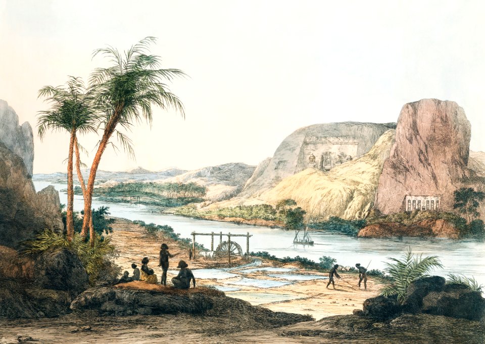 Exterior View of the Temple of Ybsambul illustration from the kings tombs in Thebes by Giovanni Battista Belzoni (1778-1823) from Plates illustrative of the researches and operations in Egypt and Nubia (1820).