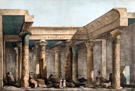 View of the interior of the temple in the Isle of Philoe illustration from the kings tombs in Thebes by Giovanni Battista Belzoni (1778-1823) from Plates illustrative of the researches and operations in Egypt and Nubia (1820).. Free illustration for personal and commercial use.