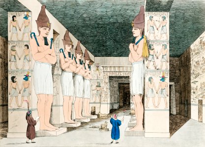 Interior of the Temple at Ybsambul illustration from the kings tombs in Thebes by Giovanni Battista Belzoni (1778-1823) from Plates illustrative of the researches and operations in Egypt and Nubia (1820).. Free illustration for personal and commercial use.
