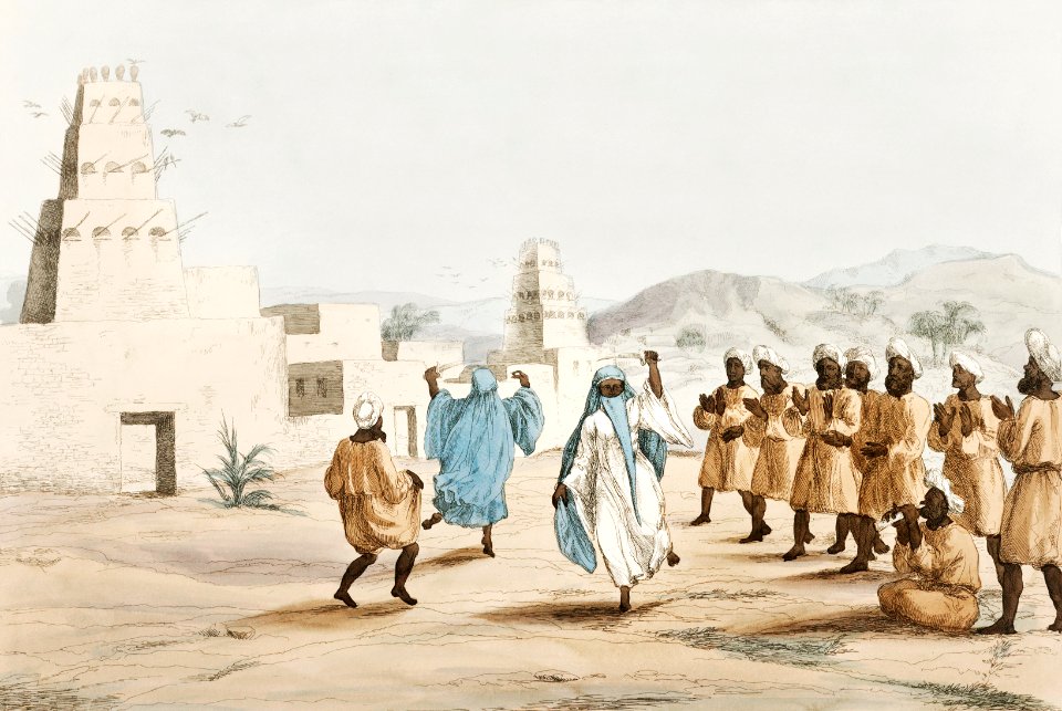 Plate 30 : An Arabic Dance illustration from the kings tombs in Thebes by Giovanni Battista Belzoni (1778-1823) from Plates illustrative of the researches and operations in Egypt and Nubia (1820).
