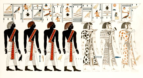 Procession of Ethiopians illustration from the kings tombs in Thebes by Giovanni Battista Belzoni (1778-1823) from Plates illustrative of the researches and operations in Egypt and Nubia (1820).. Free illustration for personal and commercial use.