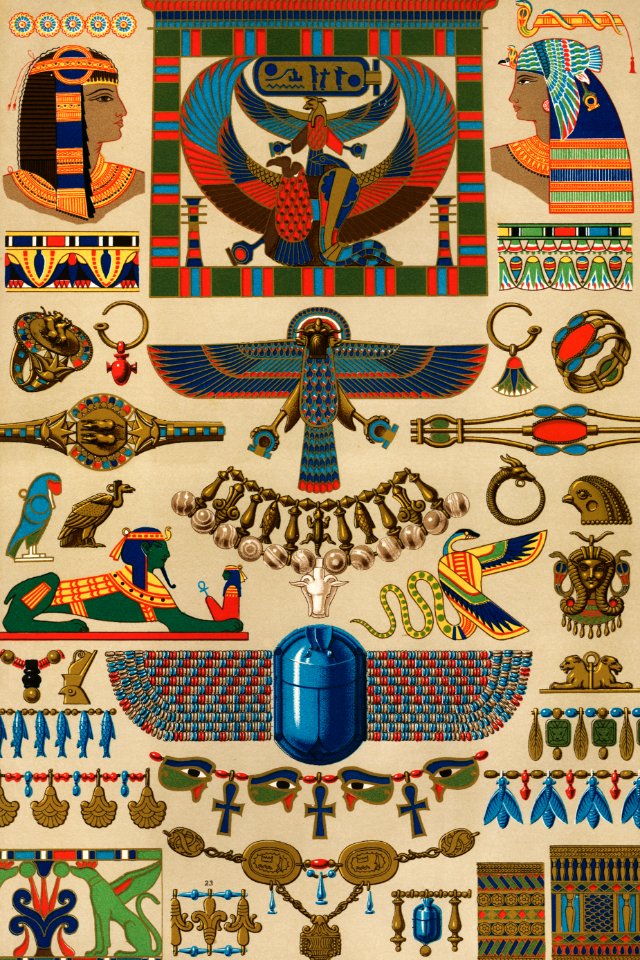 Egyptian pattern from L'ornement Polychrome (1888) by Albert Racinet (1825–1893). Digitally enhanced from our own original 1888 edition.. Free illustration for personal and commercial use.