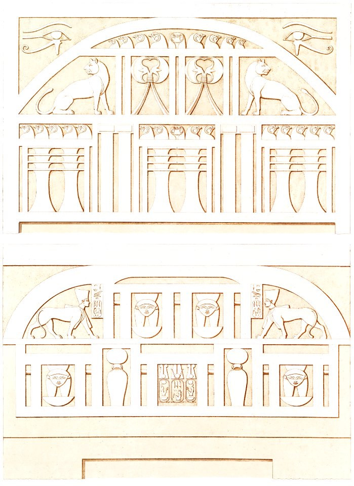 Coronations of interior doors (Thebes & Sedeinga) from Histoire de l'art égyptien (1878) by Émile Prisse d'Avennes.. Free illustration for personal and commercial use.