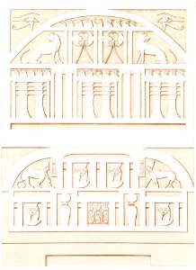 Coronations of interior doors (Thebes & Sedeinga) from Histoire de l'art égyptien (1878) by Émile Prisse d'Avennes.. Free illustration for personal and commercial use.
