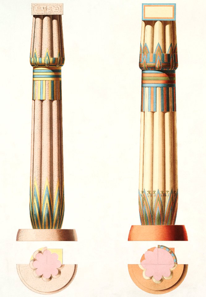Beam columns of Amenhotep III, at Thebes from Histoire de l'art égyptien (1878) by Émile Prisse d'Avennes.. Free illustration for personal and commercial use.