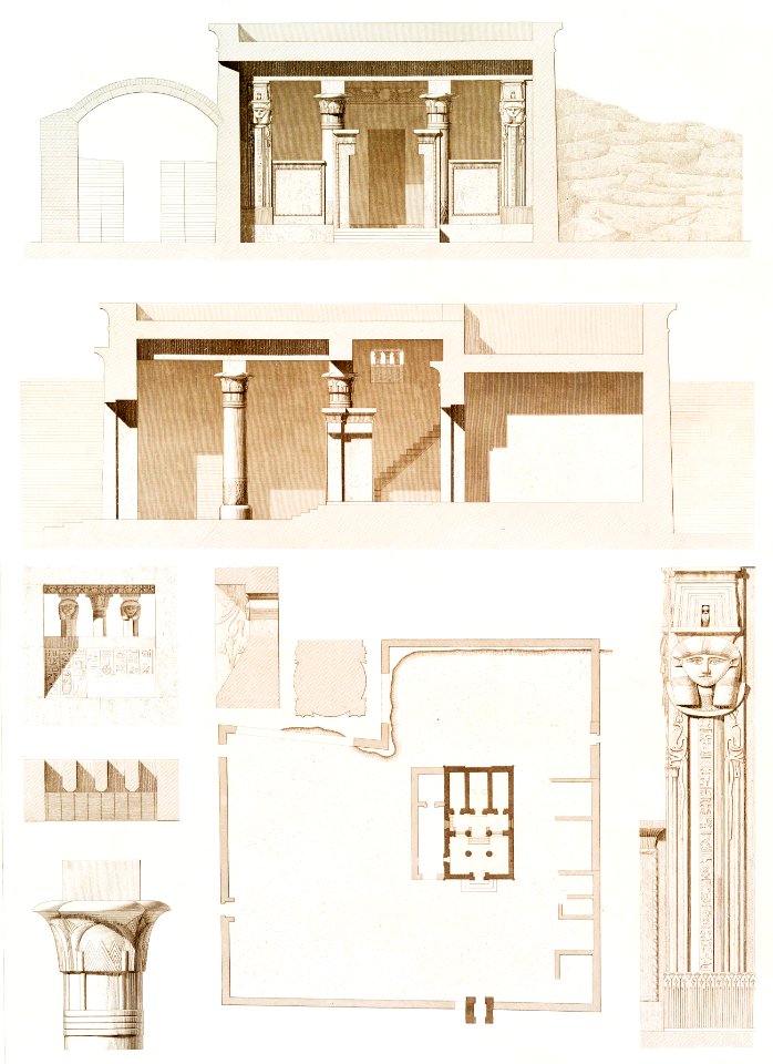 Deir el-Medina Temple (plan, sections and details) from Histoire de l'art égyptien (1878) by Émile Prisse d'Avennes.. Free illustration for personal and commercial use.
