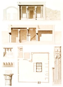 Deir el-Medina Temple (plan, sections and details) from Histoire de l'art égyptien (1878) by Émile Prisse d'Avennes.
