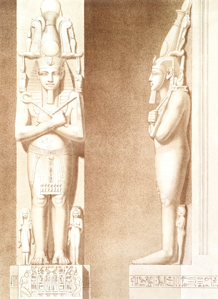 Pillars-caryatids of the Temple of Ramses III from Histoire de l'art égyptien (1878) by Émile Prisse d'Avennes.. Free illustration for personal and commercial use.