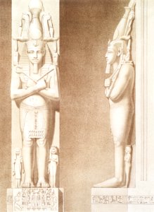 Pillars-caryatids of the Temple of Ramses III from Histoire de l'art égyptien (1878) by Émile Prisse d'Avennes.. Free illustration for personal and commercial use.