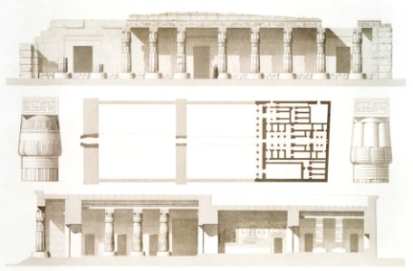 Menephtehum Temple (Plan, section and elevation) from Histoire de l'art égyptien (1878) by Émile Prisse d'Avennes.. Free illustration for personal and commercial use.
