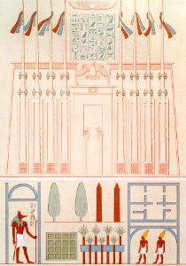 Elevation of a pylon and plan of home, according to the bas-reliefs from Histoire de l'art égyptien (1878) by Émile Prisse d'Avennes.. Free illustration for personal and commercial use.