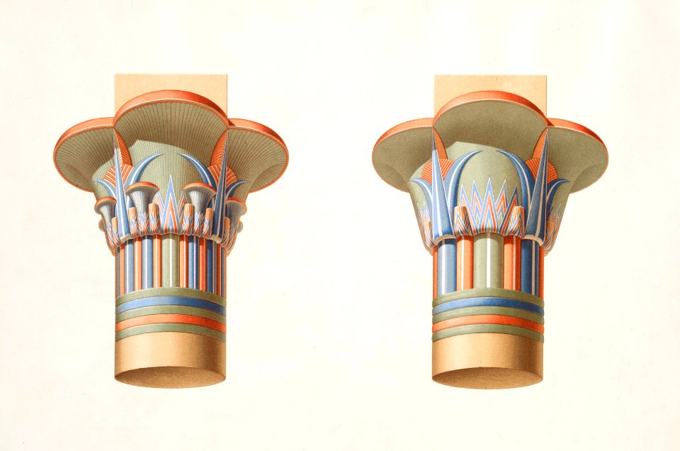 Capitals of the Temple of Isis in Philae from Histoire de l'art égyptien (1878) by Émile Prisse d'Avennes.. Free illustration for personal and commercial use.