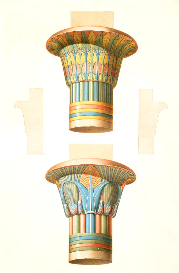 Capitals of the Dromos Gallery, in Philae from Histoire de l'art égyptien (1878) by Émile Prisse d'Avennes.. Free illustration for personal and commercial use.