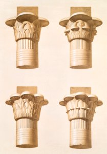 Capitals of the Colonnade of Dromos, in Philae from Histoire de l'art égyptien (1878) by Émile Prisse d'Avennes.. Free illustration for personal and commercial use.