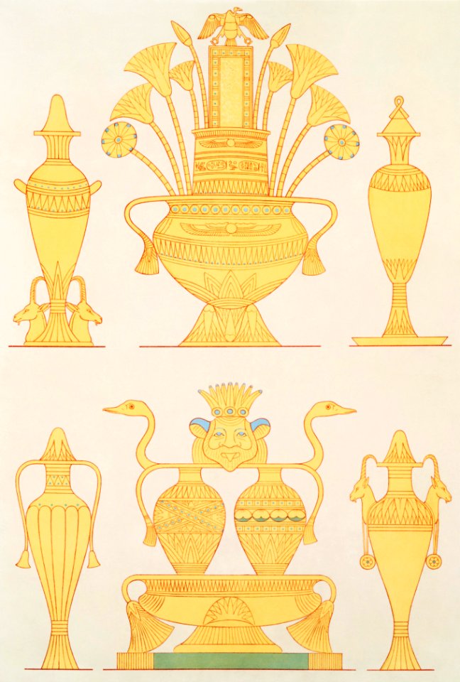 Enamelled or cloisonné gold vases from Histoire de l'art égyptien (1878) by Émile Prisse d'Avennes.. Free illustration for personal and commercial use.