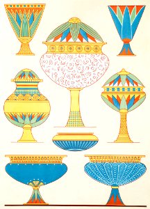 Vases of various materials from Histoire de l'art égyptien (1878) by Émile Prisse d'Avennes.. Free illustration for personal and commercial use.